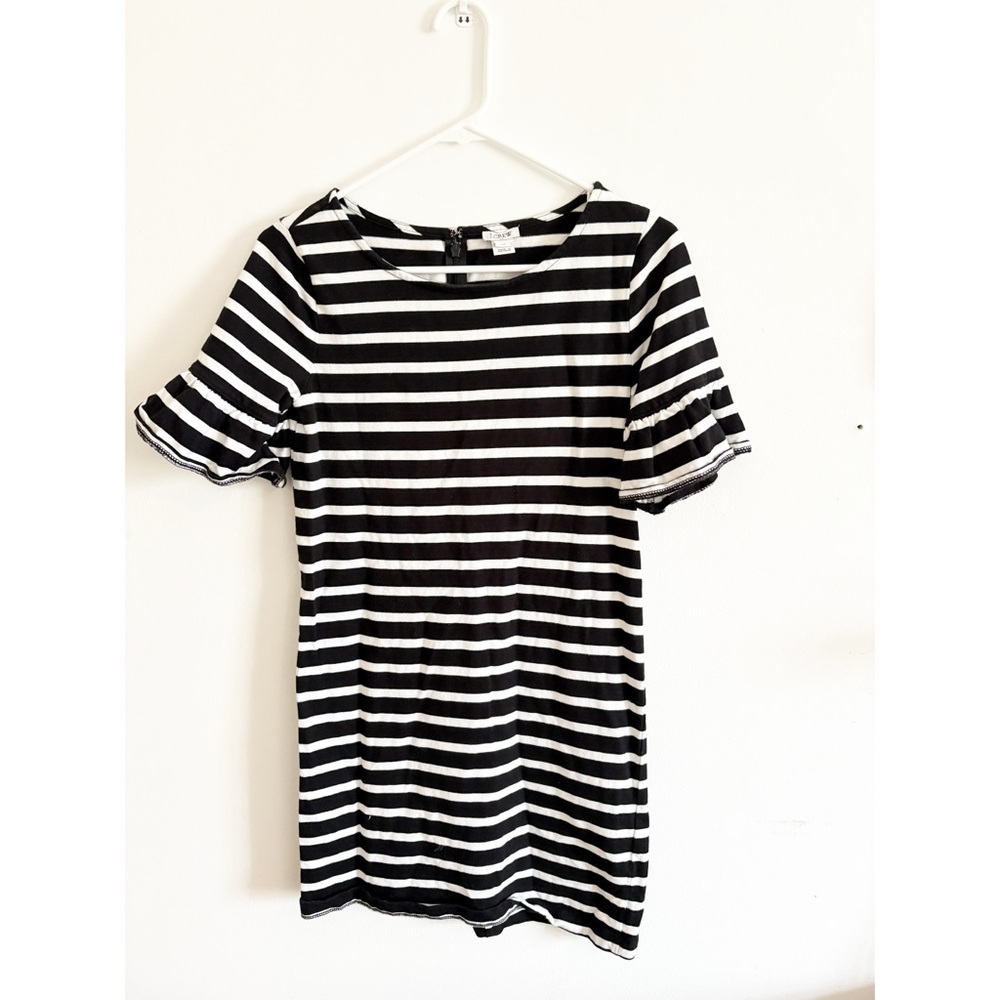 J.Crew Factory Cotton Ruffle Sleeve Striped Dress Black‎ Ivory